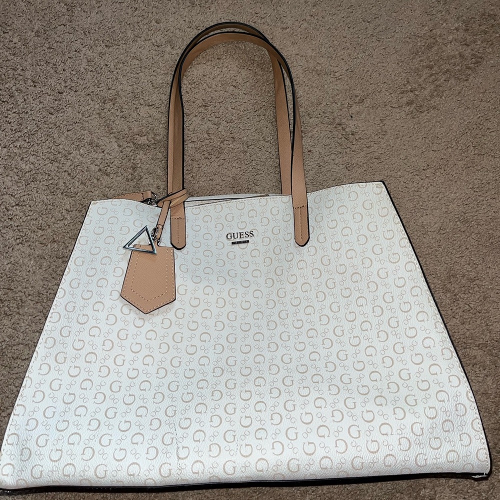 GUESS White and Tan Tote Bag Large